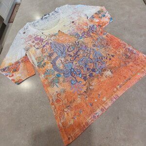 MISS COCOA Women's Orange/White Graphic Print 3/4 Sleeves T-Shirt - Size Large